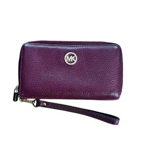 Michael Kors Wristlet Wallet Burgundy Pebble Leather Zip Around MK Logo